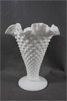Fenton Milk Glass Hobnail 8" Double Criped Vase