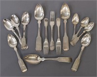 (14) ANTIQUE COIN SILVER SPOONS & PLATED FLATWARE