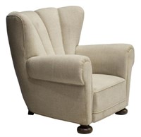 DANISH SCALLOPED TOP UPHOLSTERY WINGBACK ARMCHAIR