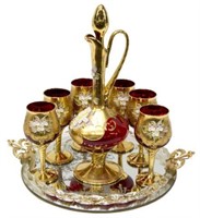 (8) ITALIAN BARBINI MURUANO RUBY & GILT DRINKS SET