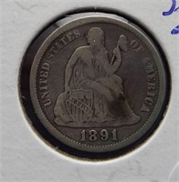 1891 Seated Liberty Silver Dime.