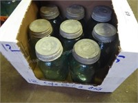 Box w/ 8 blue glass canning jars