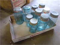 Box w/ 10 misc. blue glass canning jars