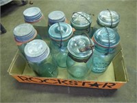 Box w/ 9 blue glass canning jars