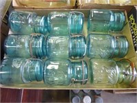 Box w/ 9 blue glass canning jars w/ glass lids