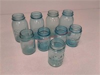 9 blue ball and Atlas canning jars