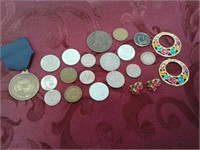 Foreign coins and costume jewelry