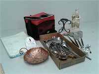 Vintage silverware and serving utensils, cooler,