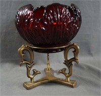 Fenton Glass Red Lotus Rose Bowl with Stand