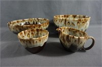 USA Stoneware Brown Drip Bowls Sugar & Creamer