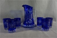 Cobalt Cut to Clear Pitcher and Tumbler Set