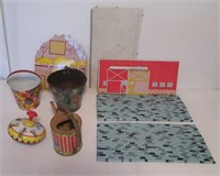Ohio Art Toys barn, (2) Pails, sprinkle can and a