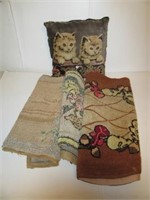 (3) Hooked Rugs & Old Pillow with Cats. Largest