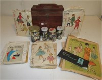 Sewing Box with vintage patterns and (4) Jars of