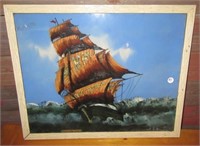 Ship at Sea reverse painting. Measures 21" x 16".