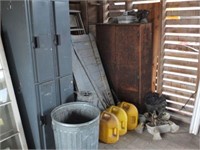 Group: Lockers, Gas Cans, Wood Storage Cabinet, Ba