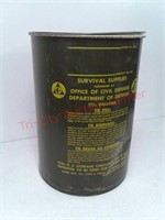 Civil defense survival supplies metal barrel with