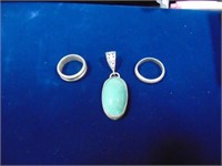 Large Turquoise Stone Charm W/Two Sterling Band