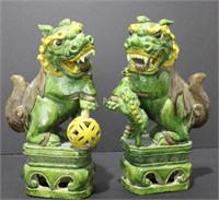 Pair Chinese Polychrome Temple Lions