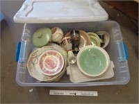 Very Old Assorted China in Tote w/Lid
