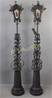 Pair Ornate Wrought Iron Floor Lamps