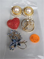 3 Vintage Brooch Pins & 1 Clip Earring Set