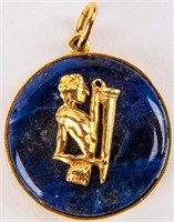Jewelry 18kt Yellow Gold Lapis Greek Pendant
