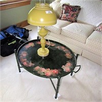 Tole style painted floral tray table & yellow lamp
