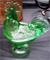 Green Glass Rooster Candy Dish