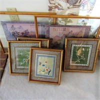 Grouping of Oriental framed art~silks & more