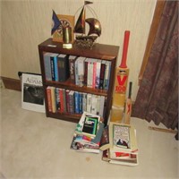Bookcase & contents, books, ship, sport bats, etc