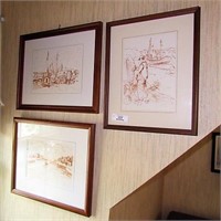 3 framed water scene drawings by Italian artist