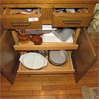 Kitchen cabinet lot~ cookware, bean pots, knives,+