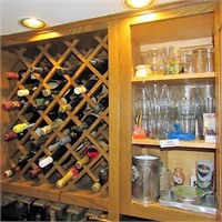 Cabinet contents barware & 20+ decor wine bottles