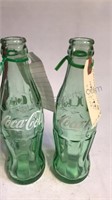 2 -  Coca-Cola Bottles Green with White Lettering