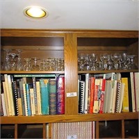 Top cabinet lot~cookbooks, glassware & stemware