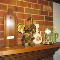 Brass elephant, candle box, clock & tea pot+