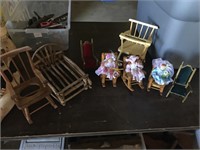 Lot of Doll Furniture / 3 Porcelain Dolls