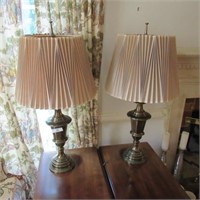 Pair antiqued finish brass lamps with shades