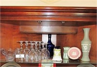 Top shelf including Wedgwood, cobalt glassware++