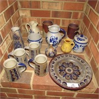 14 pcs salt glaze cobalt decorated art pottery