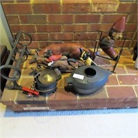 Decorative Lot w/Cast Iron Dog, Tumbling Man, Fox+