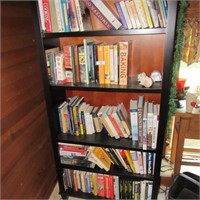 Contents of black bookcase loaded with books