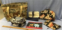 Large tapestry tote and about 7 small travel/cosme