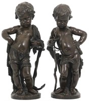 Pr. Bronze Putti Hunter and Fisher Sculptures