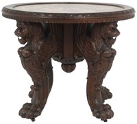 Carved Oak Winged Griffin Marble Top Center Table