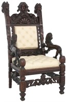 Monumental Carved Walnut Throne Chair