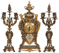 3 Pc. Gilt Bronze & Chempleve Clock Set