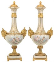 Pr. Bronze Mounted Porcelain Urns