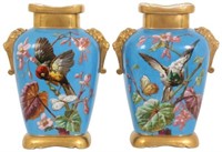 Pr. Quality Hand Painted Porcelain Bird Vases